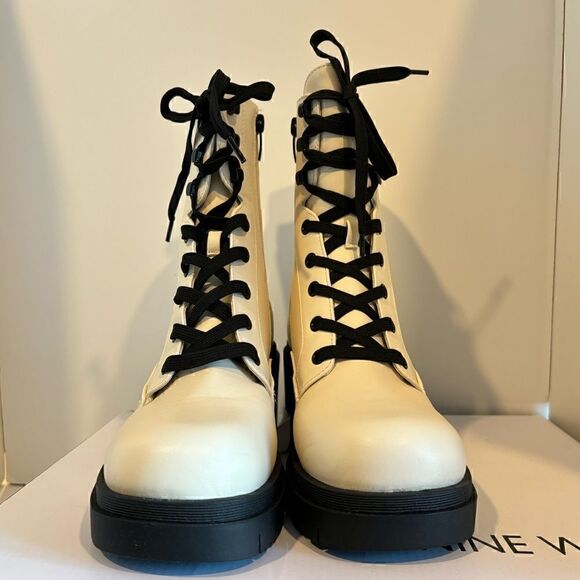 Nine West Women's Juna3 Combat Boot booties shoes ivory 9 - Picture 6 of 9